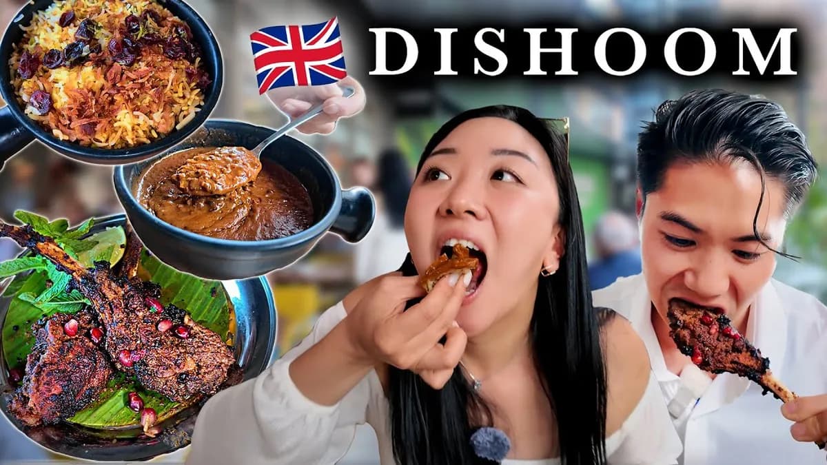 Jasmine and George eating at Dishoom London with biryani, lamb chops, and daal